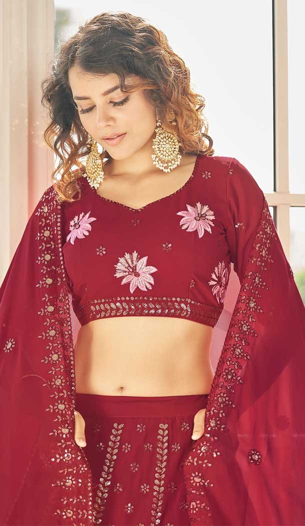 Thread Embroidery Work Georgette Women Lehenga Choli in Maroon -4422154432