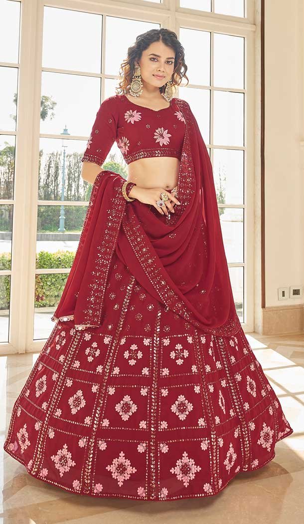 Thread Embroidery Work Georgette Women Lehenga Choli in Maroon -4422154432