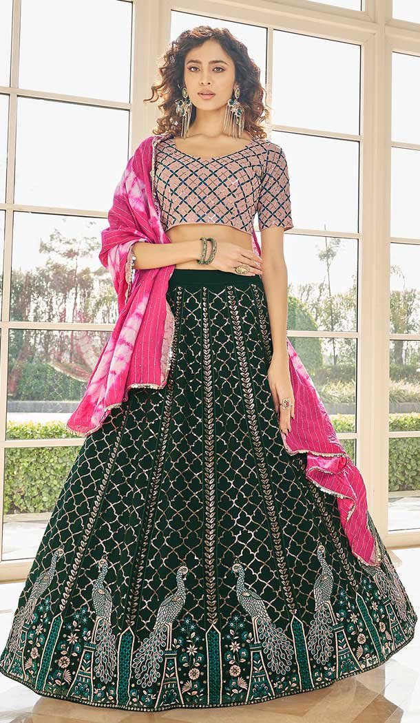 Thread Embroidery Work Georgette Women Lehenga Choli in Green -4422154433