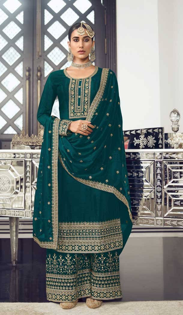 Sea Green Color Dola Silk Pakistani Palazzo Salwar Suit – 4447154595