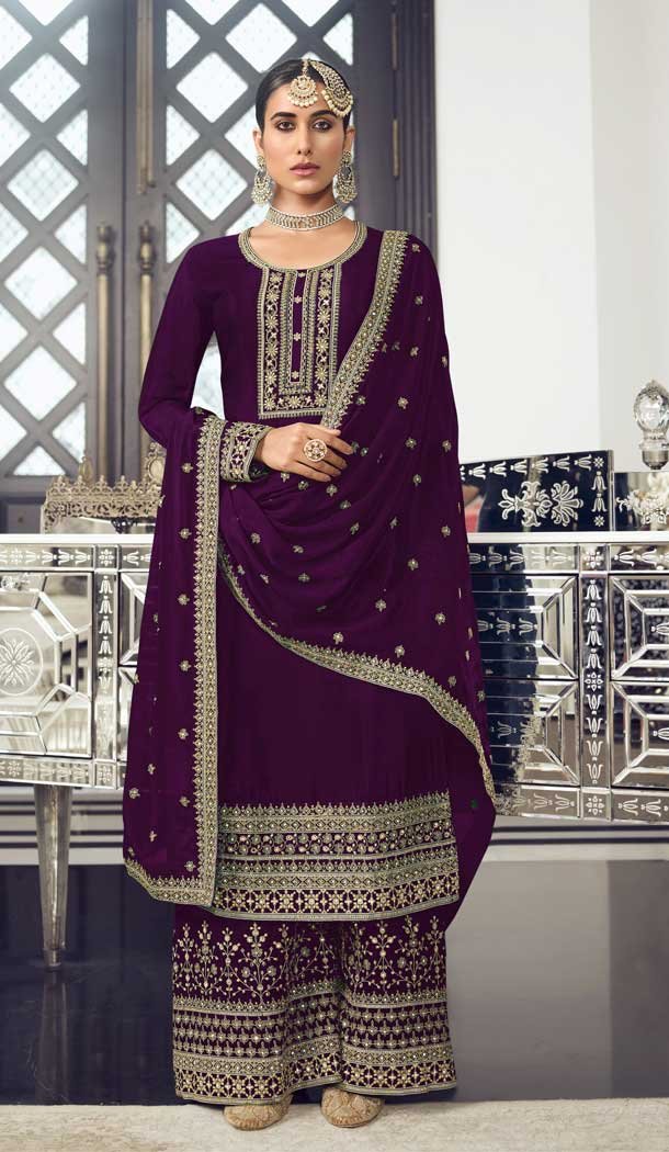 Purple Color Dola Silk Pakistani Palazzo Salwar Suit – 4447154597