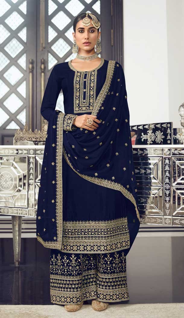 Navy Blue Color Dola Silk Pakistani Palazzo Salwar Suit – 4447154598