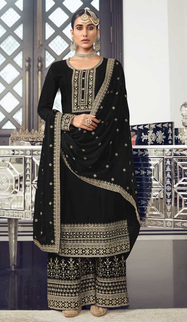 Black Color Dola Silk Pakistani Palazzo Salwar Suit – 4447154599