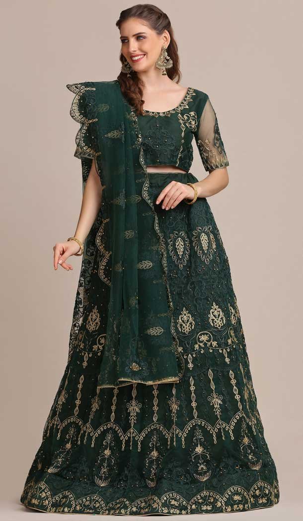 Embroidery Work Taffeta Silk Traditional Wear Lehenga Choli In Dark Green -4426154459