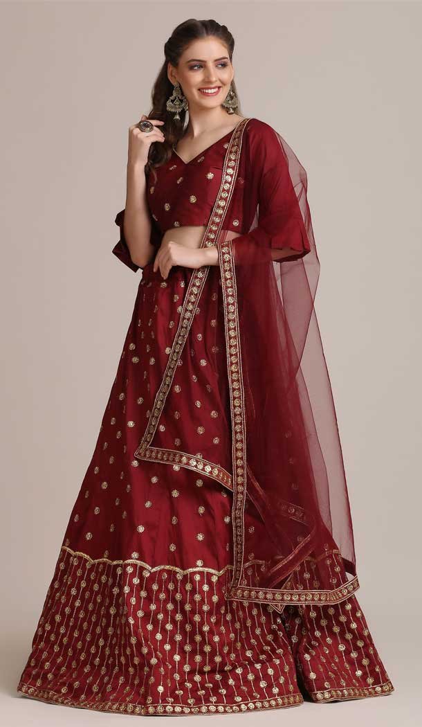 Embroidery Work Taffeta Silk Traditional Wear Lehenga Choli In Maroon -4426154461