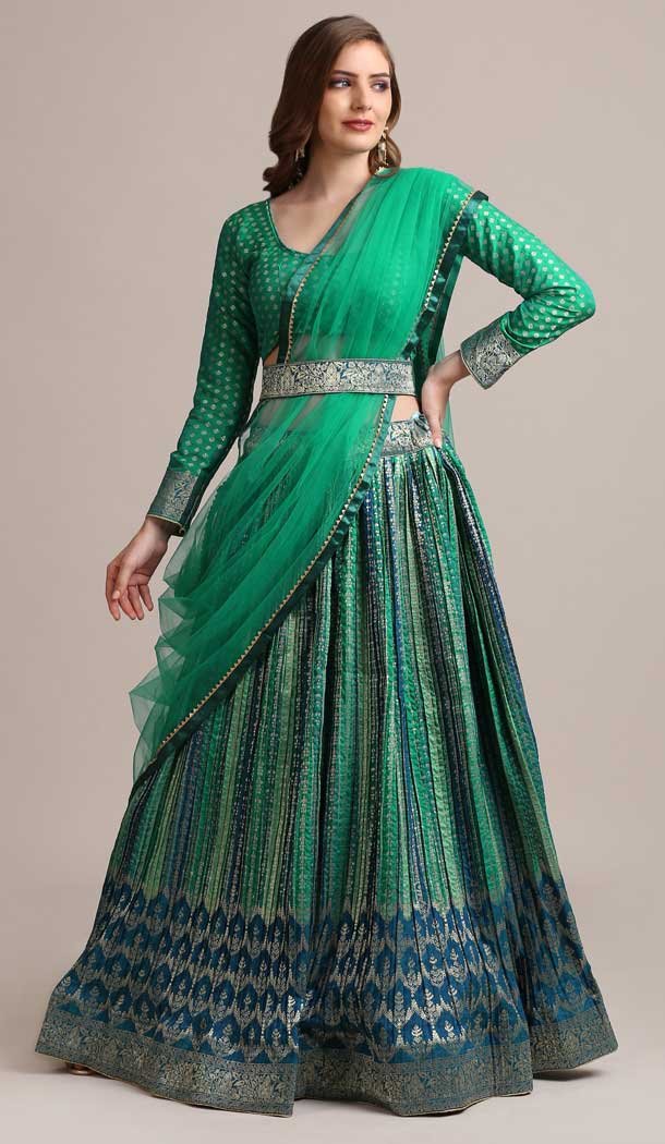 Jacquard Silk Gold Woven Work Traditional Wear Lehenga Choli In Teal Green -4426154465