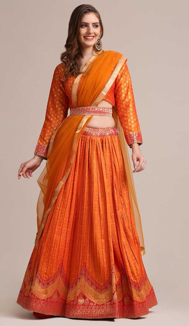 Jacquard Silk Gold Woven Work Traditional Wear Lehenga Choli In Orange -4426154467