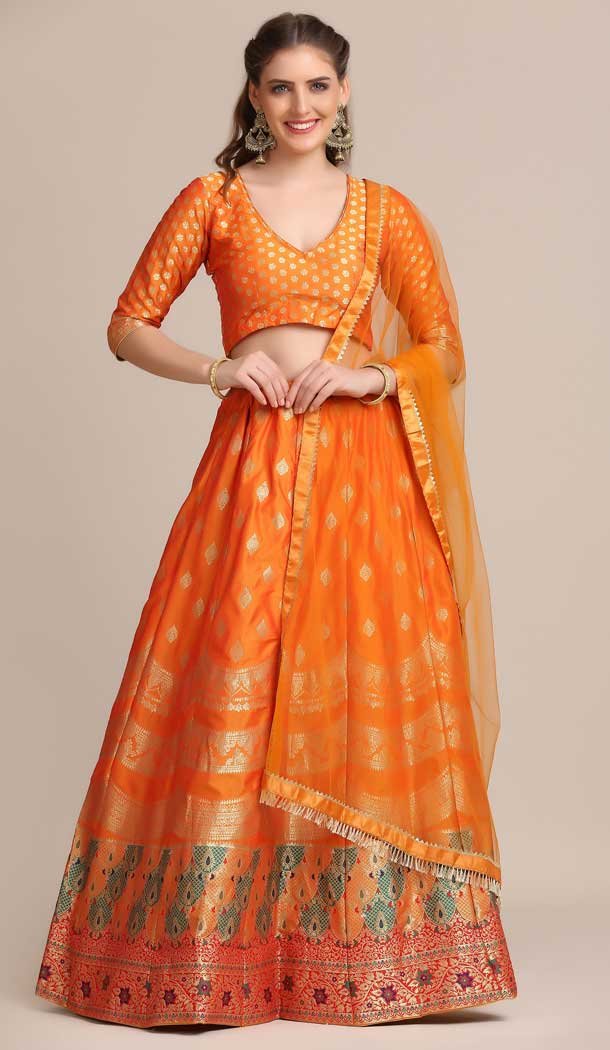 Chic Orange Jacquard Silk Gold Woven Work Traditional Wear Lehenga Choli -4426154469