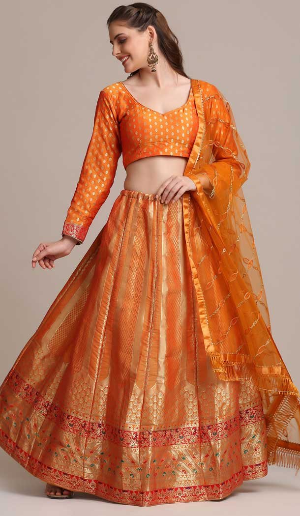 Ethnic Orange Jacquard Silk Gold Woven Work Traditional Wear Lehenga Choli -4426154470