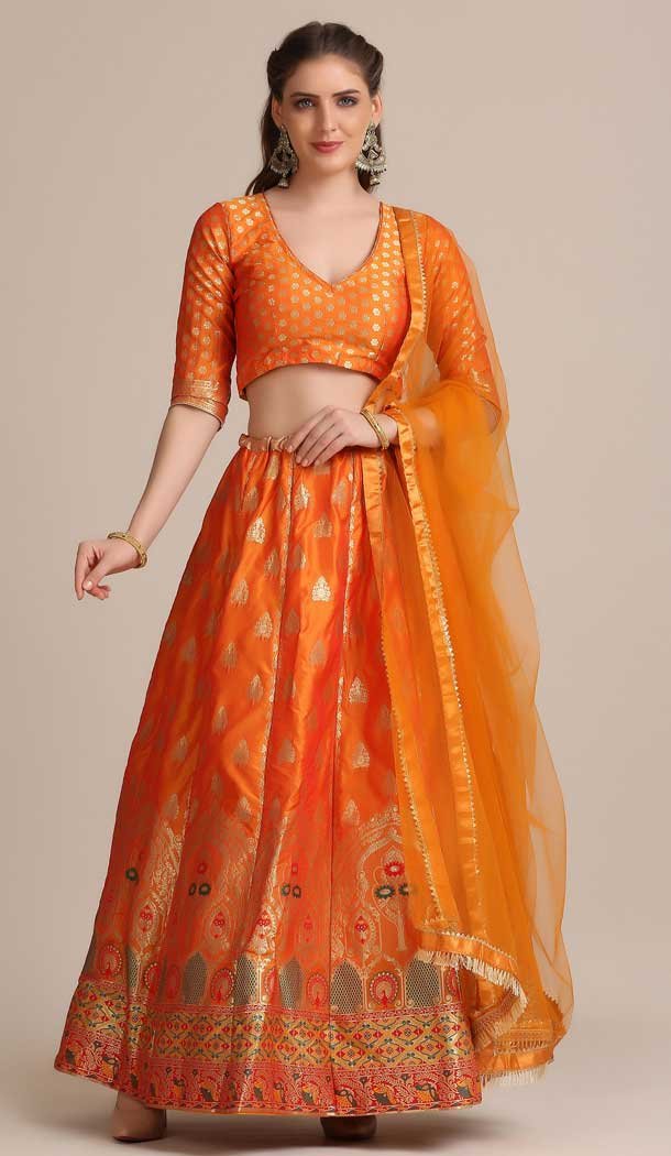 Majesty Orange Jacquard Silk Gold Woven Work Traditional Wear Lehenga Choli -4426154471