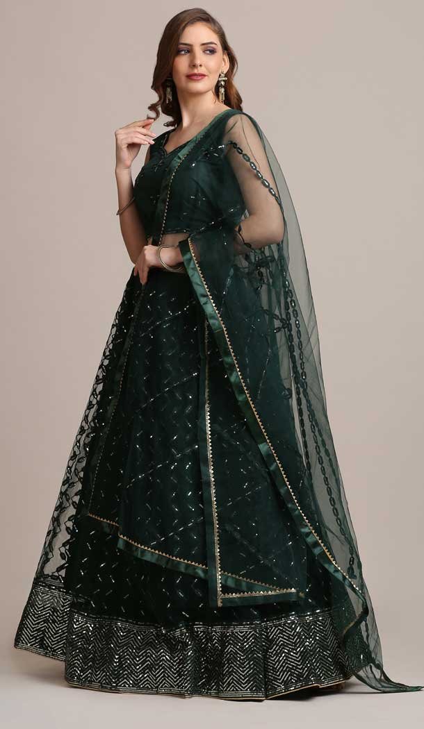 Bottle Green Net Embellished Work Traditional Wear Lehenga Choli -4426154473