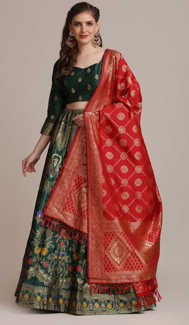 Green Jacquard Silk Gold Woven Work Traditional Wear Lehenga Choli -4426154474