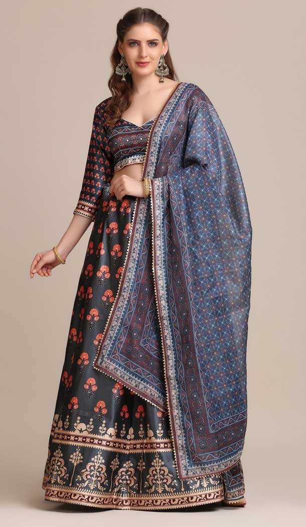 Navy Blue Jacquard Silk Printed Work Traditional Wear Lehenga Choli -4426154475