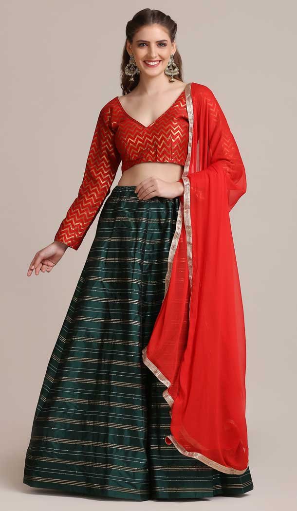 Red Green Jacquard Silk Gold Woven Work Traditional Wear Lehenga Choli -4426154477