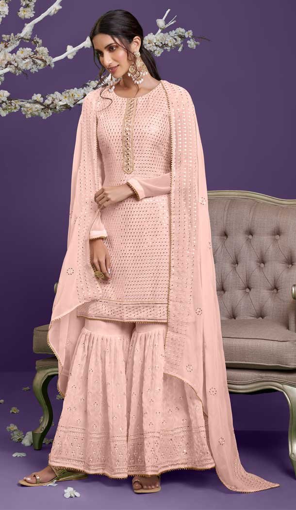 Peach Color Georgette Embroidery Work Designer Women Sharara Suit -4432154513