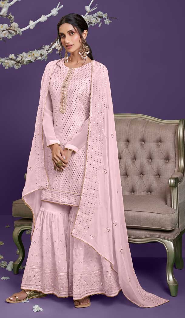 Charming Pink Color Georgette Embroidery Work Designer Women Sharara Suit -4432154514