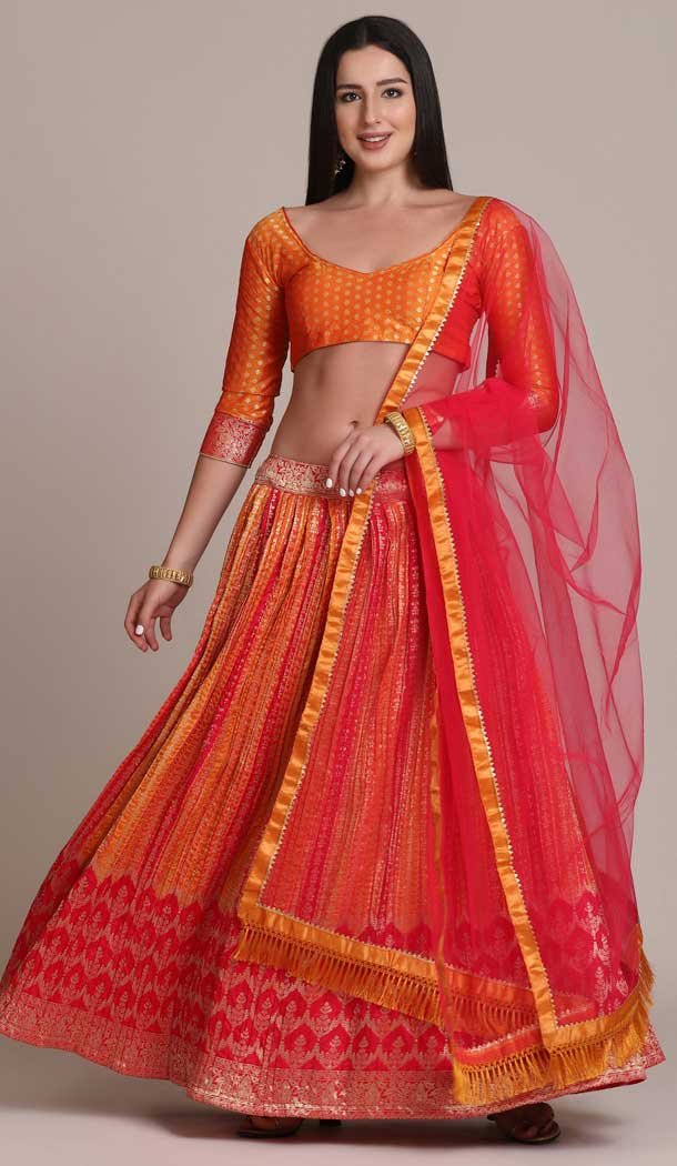 Orange Color Silk Blend Zari Woven Work Traditional Women Lehenga Choli -4427154481