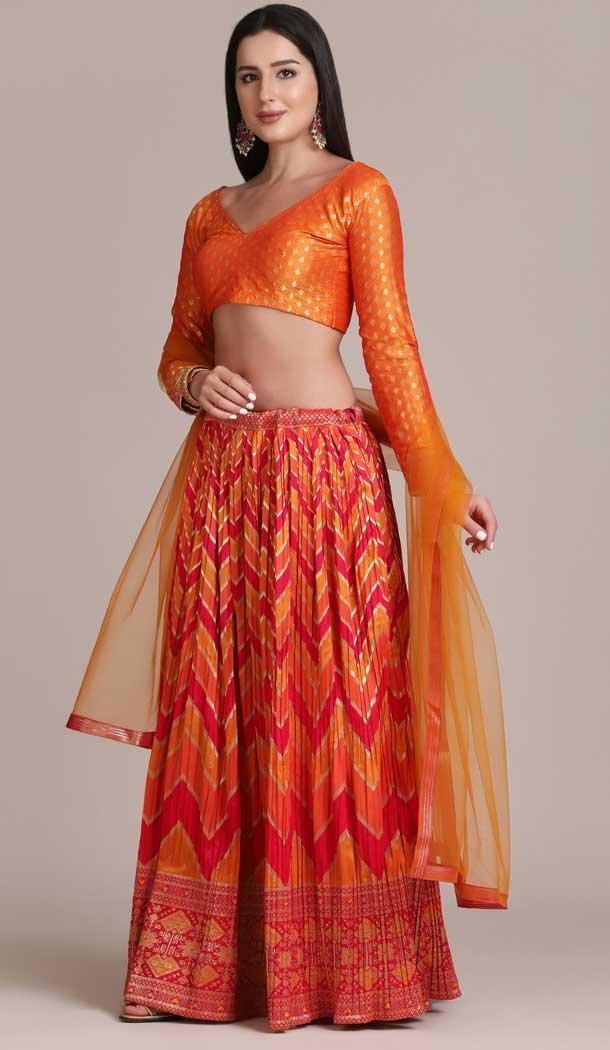 Jacquard Silk Zari Woven Traditional Women Lehenga Choli in Orange -4427154483