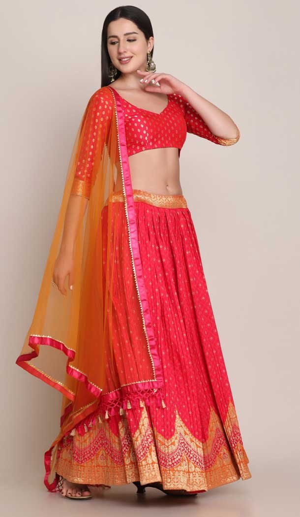 Silk Blend Zari Woven Traditional Women Lehenga Choli in Tomato Red -4427154484