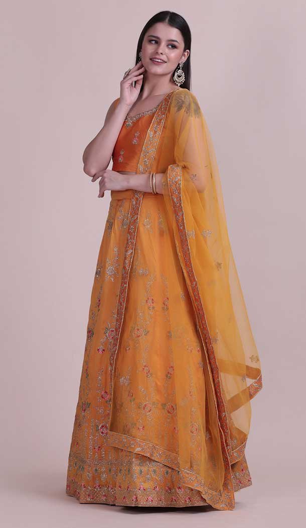 Orange Color Taffetta Silk Fancy Evening Wear Lehenga Choli – 4449154608