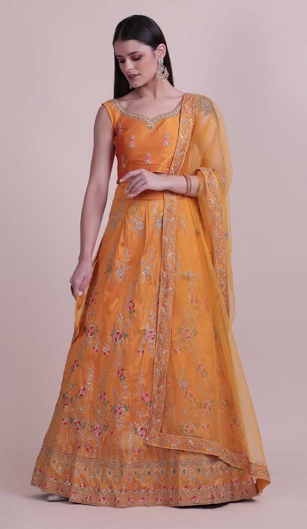 Orange Color Taffetta Silk Fancy Evening Wear Lehenga Choli – 4449154608