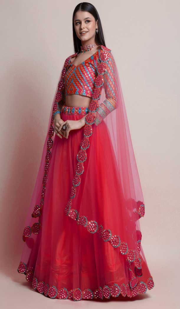 Brick Red Color Net Fancy Evening Wear Lehenga Choli – 4449154616