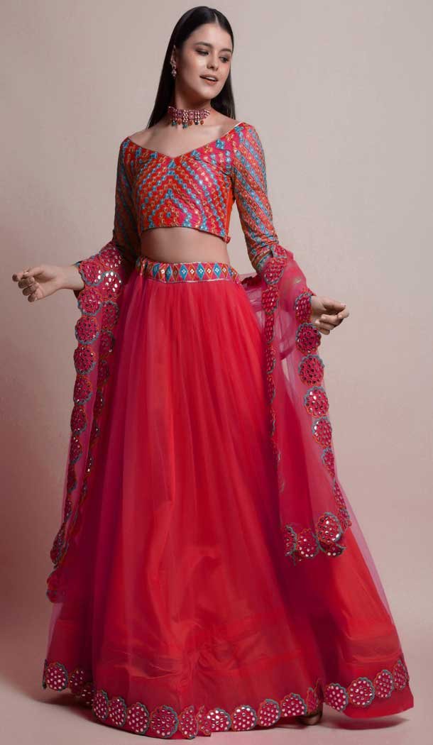 Brick Red Color Net Fancy Evening Wear Lehenga Choli – 4449154616