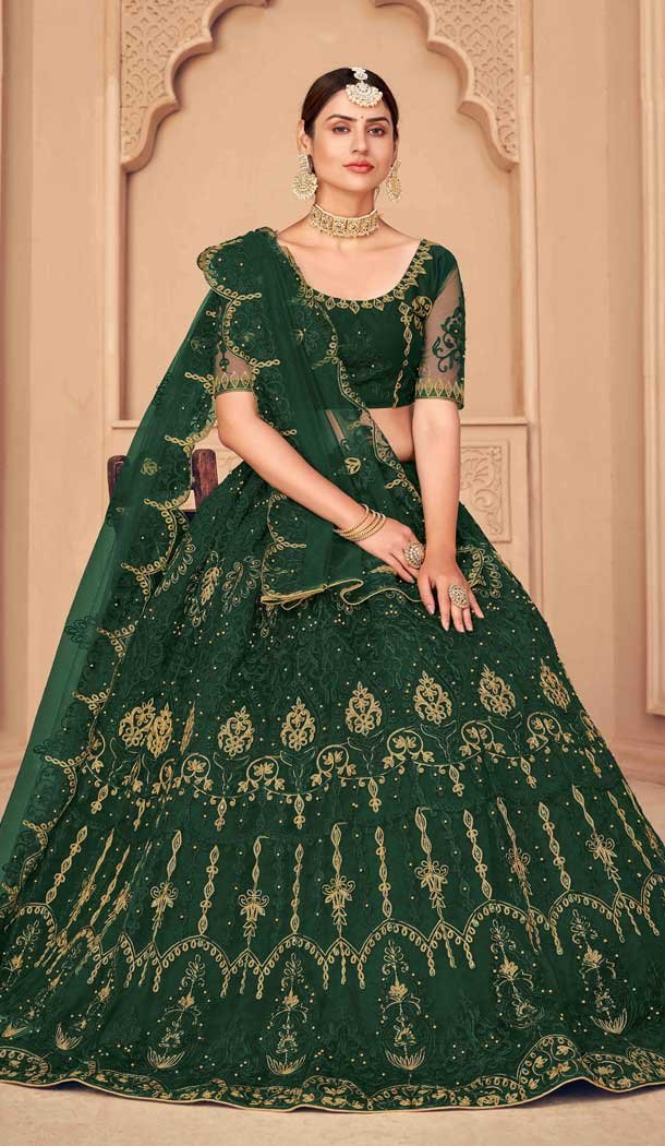 Dark Green Color Net Embroidered Fancy Evening Wear Lehenga – 4452154638