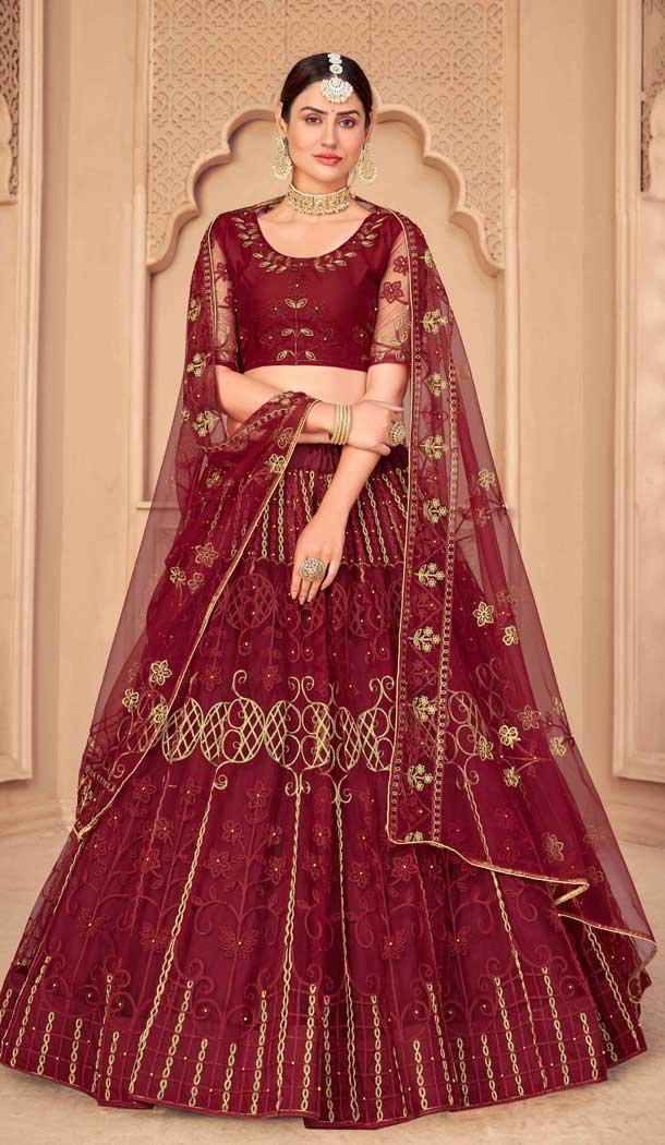 Maroon Color Net Embroidered Fancy Evening Wear Lehenga – 4452154639