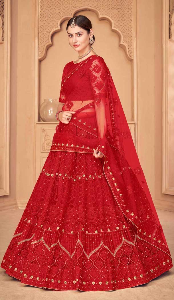 Red Color Net Embroidered Fancy Evening Wear Lehenga – 4452154640