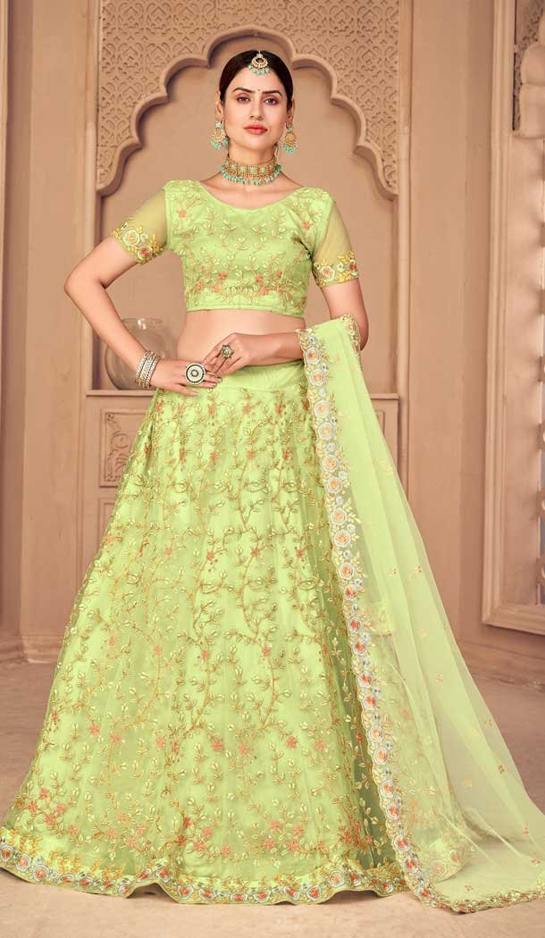 Pista Green Color Net Embroidered Fancy Evening Wear Lehenga – 4452154641