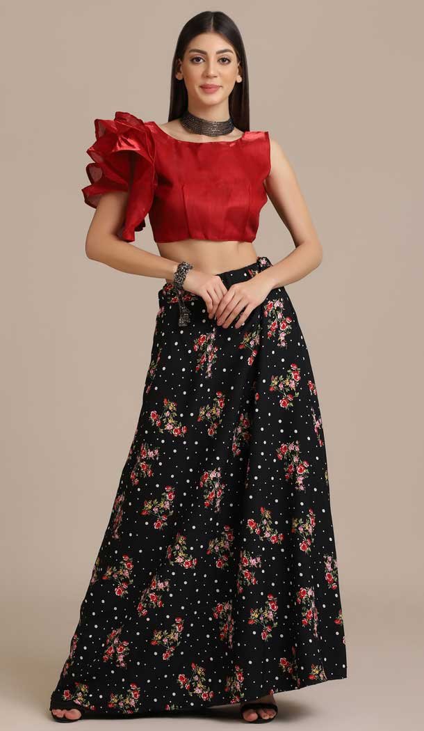 Black-Red Color Crepe Printed Stylish Evening Wear Lehenga – 4453154642