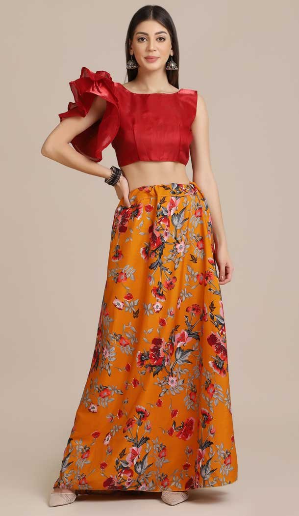 Mustard Red Color Crepe Printed Stylish Evening Wear Lehenga – 4453154644