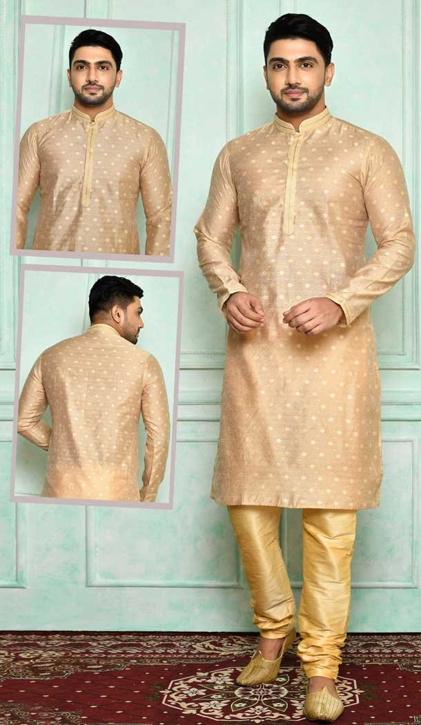 Cream Color Brocade Designer Festival Wear Men’s Plus Size Kurta Pajama -4455154691