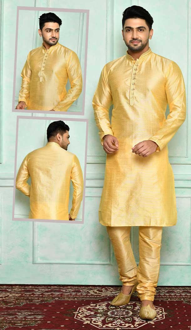 Majesty Gold Color Brocade Designer Wear Men’s Plus Size Kurta Pajama -4455154694