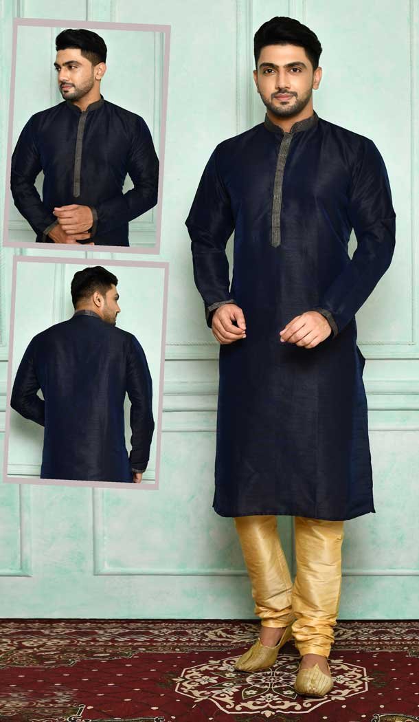 Navy Blue Color Art Silk Designer Wear Men’s Plus Size Kurta Pajama -4455154696