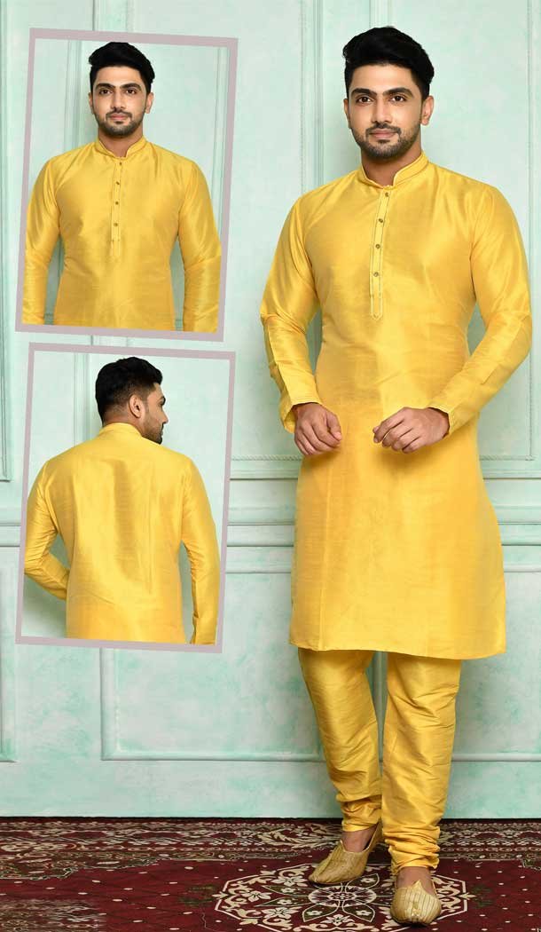 Yellow Color Art Silk Designer Wear Men’s Plus Size Kurta Pajama -4455154706