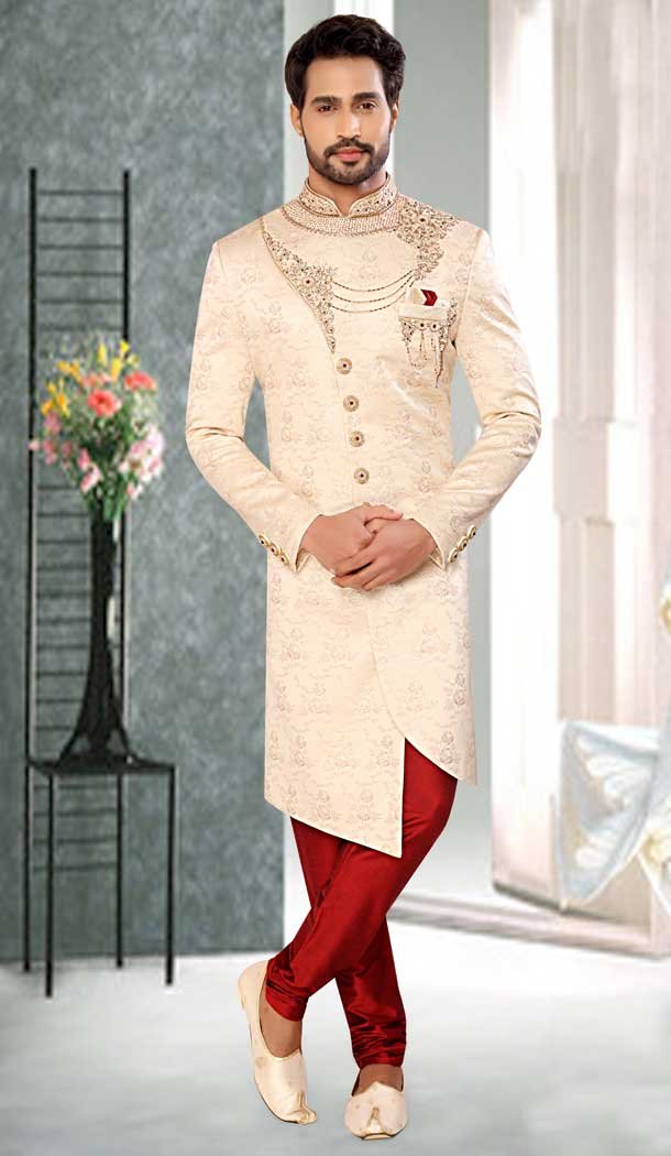 Cream Brocade Designer Festival Wear Men’s Sherwani in Plus Size -4456154711