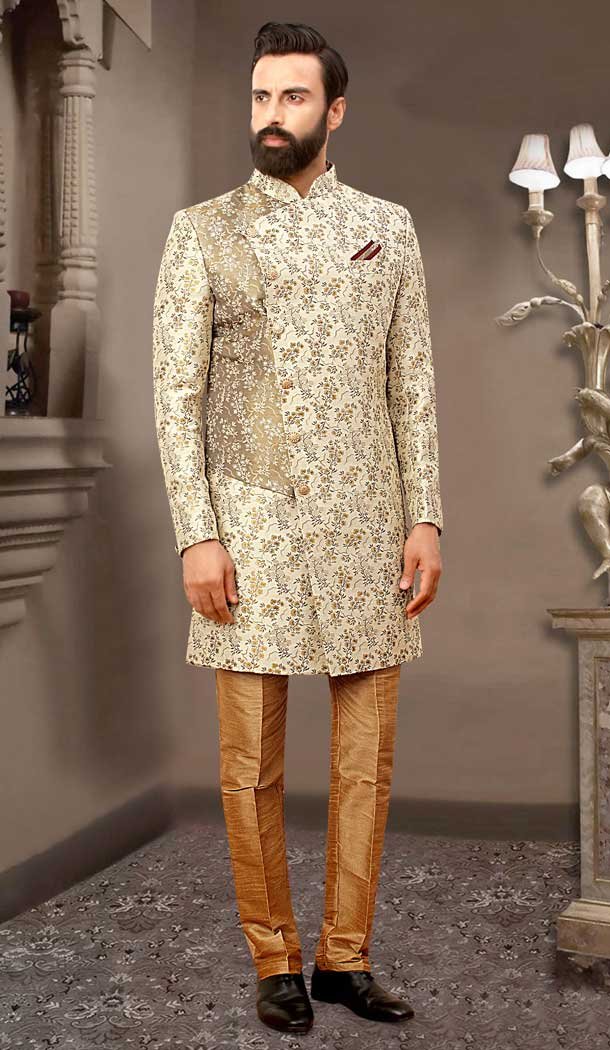 Exquisite Cream Brocade Designer Festival Wear Men’s Sherwani in Plus Size -4456154716