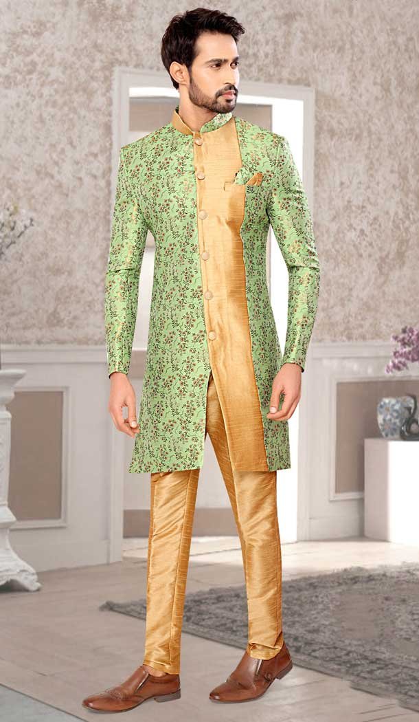 Pista Green Brocade Designer Festival Wear Men’s Sherwani in Plus Size -4456154717