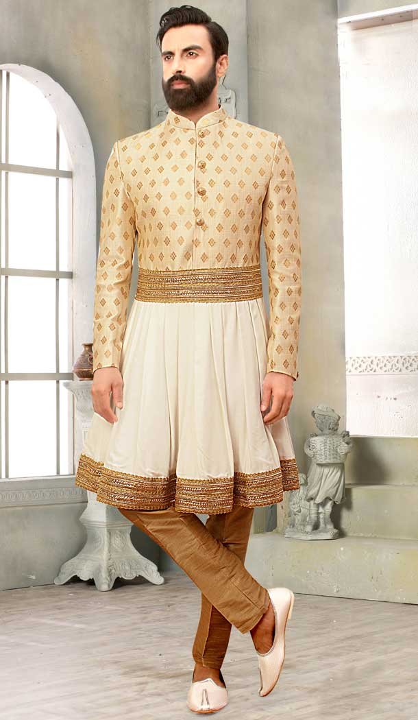 Contemporary Cream Brocade Designer Festival Wear Men’s Sherwani in Plus Size -4456154721