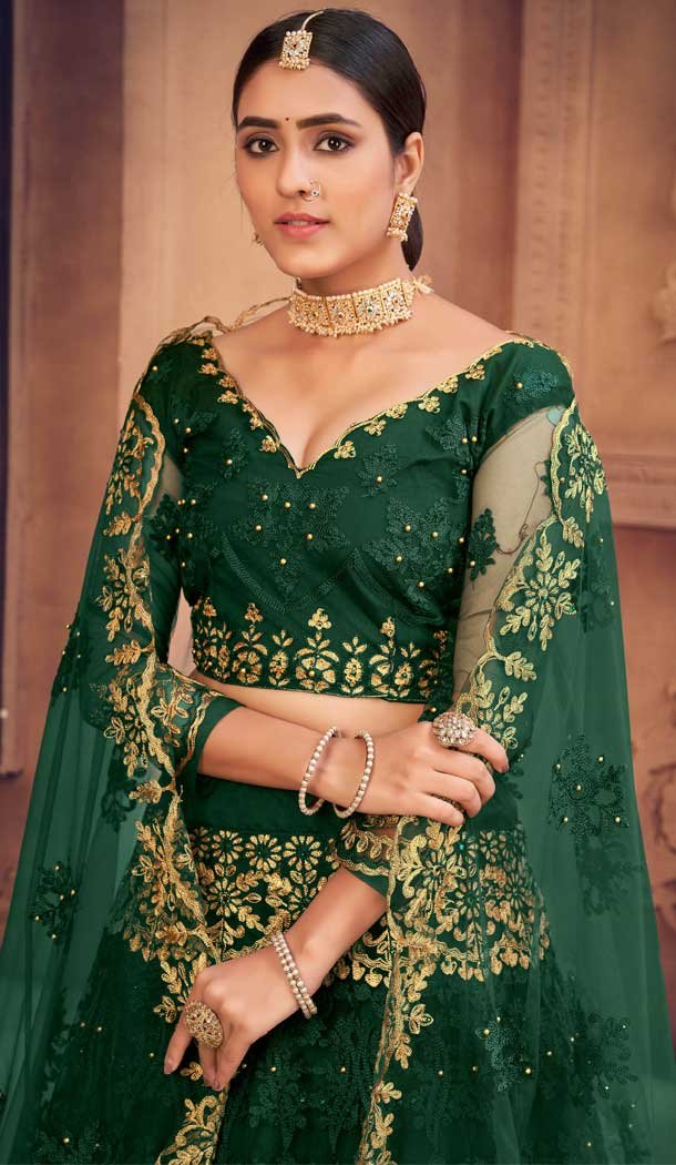 Bottle Green Color Net Embroidered Designer Festive Wear Lehenga Choli – 4451154629