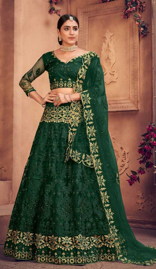 Bottle Green Color Net Embroidered Designer Festive Wear Lehenga Choli – 4451154629