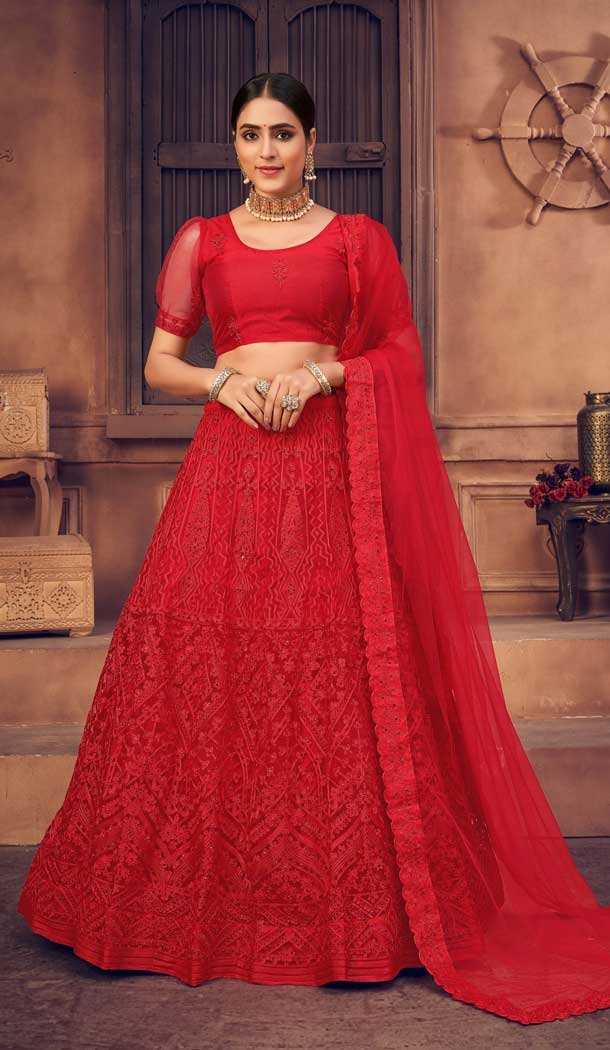 Dazzling Red Color Net Designer Festive Wear Lehenga Choli – 4451154633