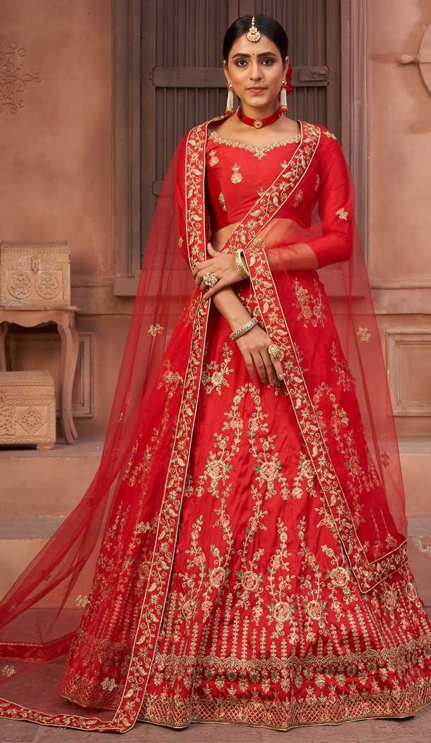 Smashing Red Color Taffeta Silk Designer Festive Wear Lehenga Choli – 4451154634