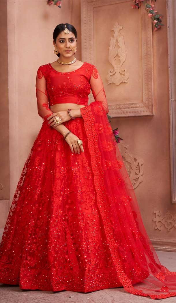 Brick Red Color Net Embroidered Designer Festive Wear Lehenga Choli – 4451154637