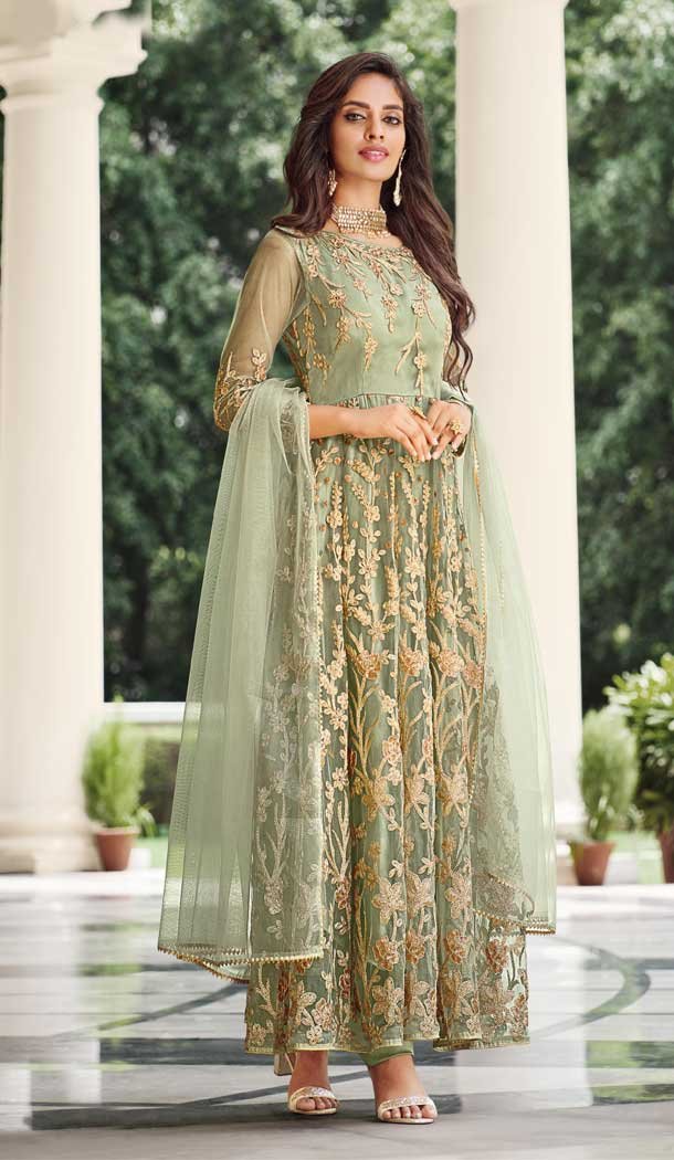 Pista Green Color Pure Butterfly Net Sequence Work Heavy Party Wear Suit- 4458154742