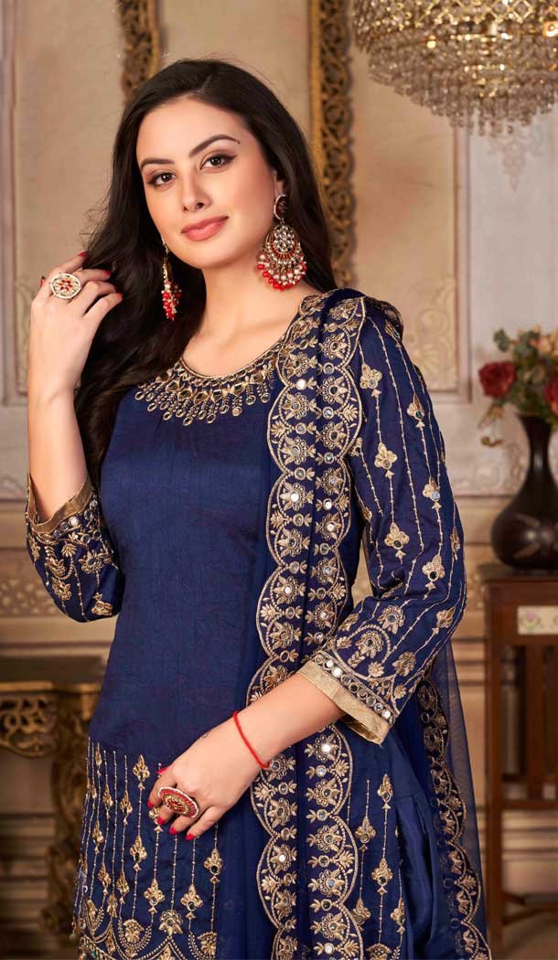 Blue Color Embroidery Work Art Silk Punjabi Style Salwar Kameez – 4482154899