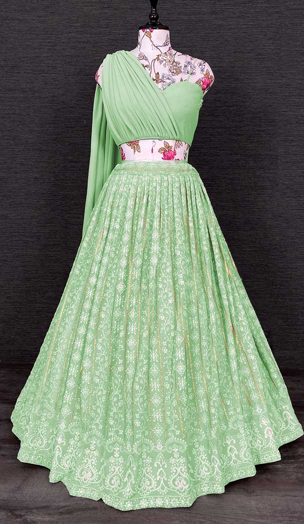 Pista Green Color Lucknowi Thread Work Georgette Indo-Western Lehenga Choli -4502154998