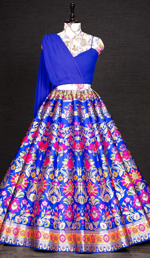 Royal Blue Zari Weaving Work Banarasi Silk Indo-Western Lehenga Choli -4502155003